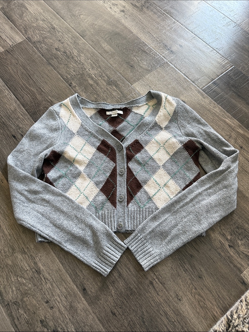 Casual Gray Argyle Cropped Cardigan Sweater